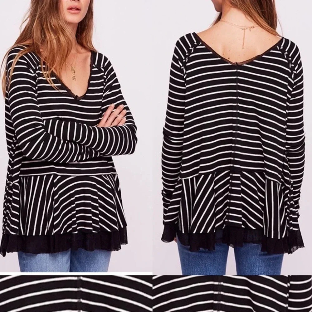We The Free Black White Striped Peplum Style Top Size Small